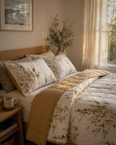 Cozy bedroom with floral bedding and a side table.