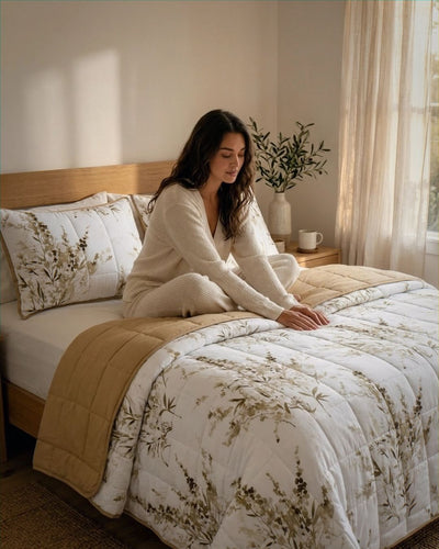 Woman sitting on a bed with floral bedding in a cozy bedroom.