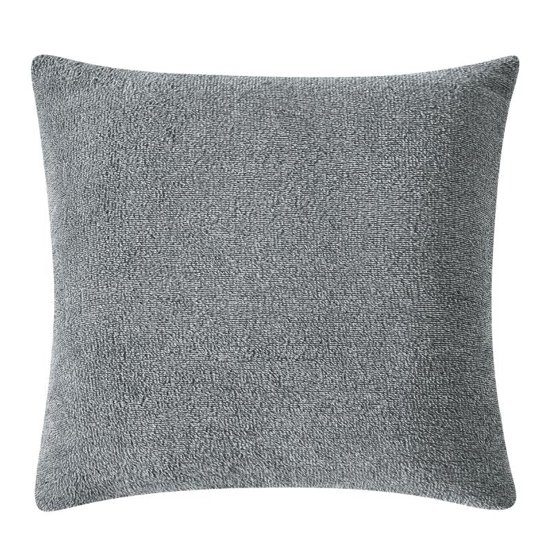 The Morgan and Reid Grey Spec Snuggle Fleece European Pillowcase Pair features soft, square, textured pillowcases with a speckled grey pattern and rounded corners, shown against a white background.