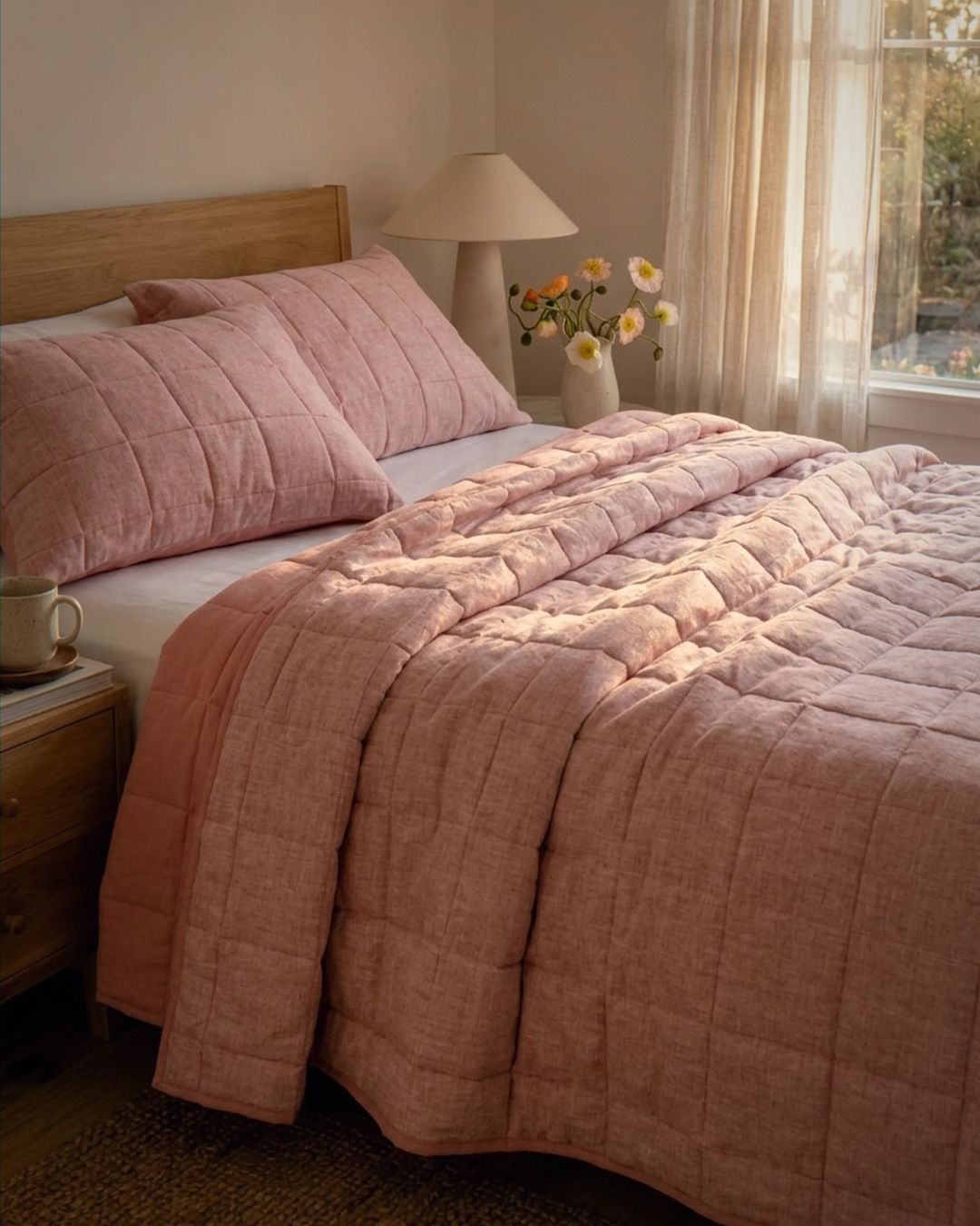 Bedroom with pink quilt and pillows, nightstand with mug and lamp.