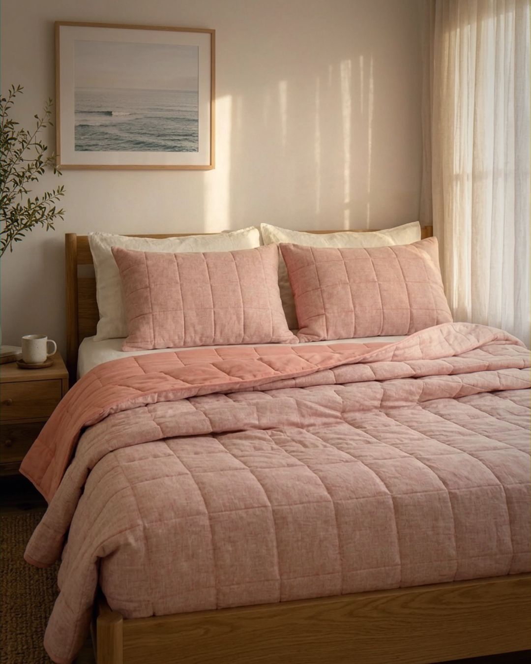 Bedroom with pink bedding and a framed picture on the wall