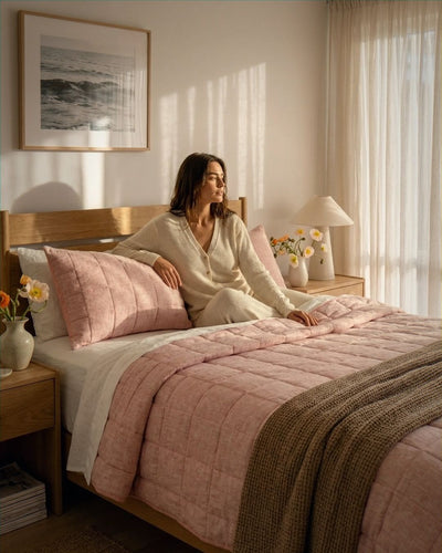Woman sitting on a bed with pink bedding in a cozy bedroom.