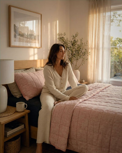 Woman sitting on a bed in a cozy bedroom with pink bedding and natural light.
