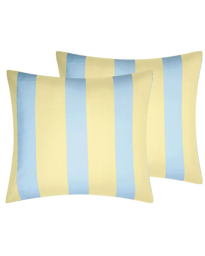 Lemon & Wispy Blue Stripe European Pillowcase Pair shown as two square pillowcases in a lemon and wispy blue vertical stripe design against a white background.