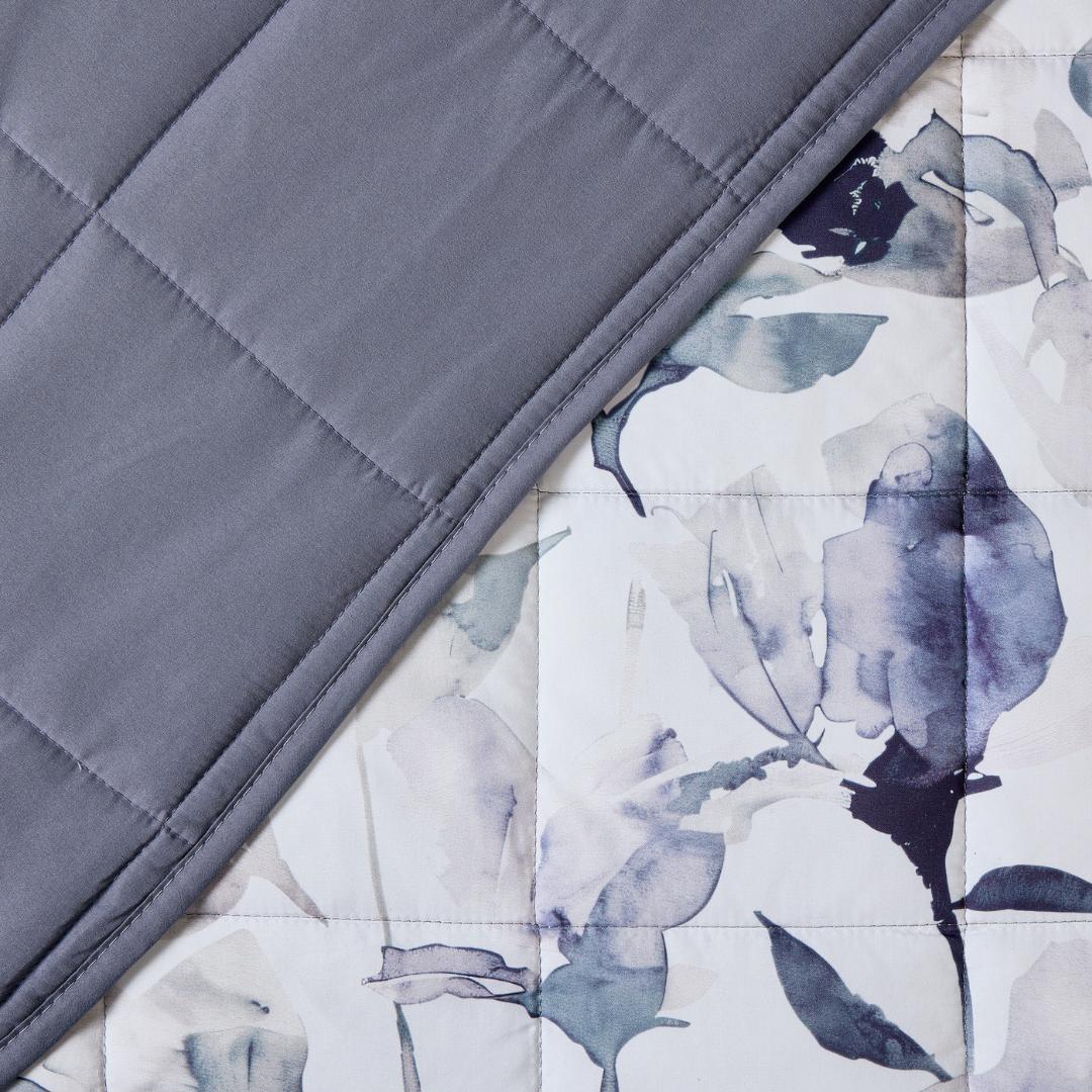 Morgan and Reid Midnight Orchid Cloudy Coverlet Set - Close-up of watercolour floral quilted fabric in grey and indigo.