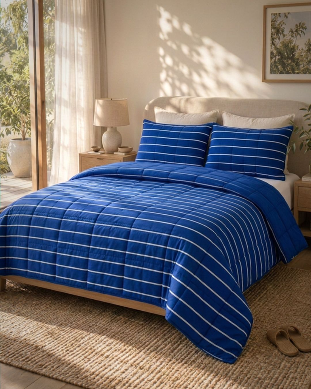 A bed dressed in a blue and white striped quilted comforter set with matching pillow shams, styled in a bright bedroom with natural sunlight, a lamp, and a woven rug.