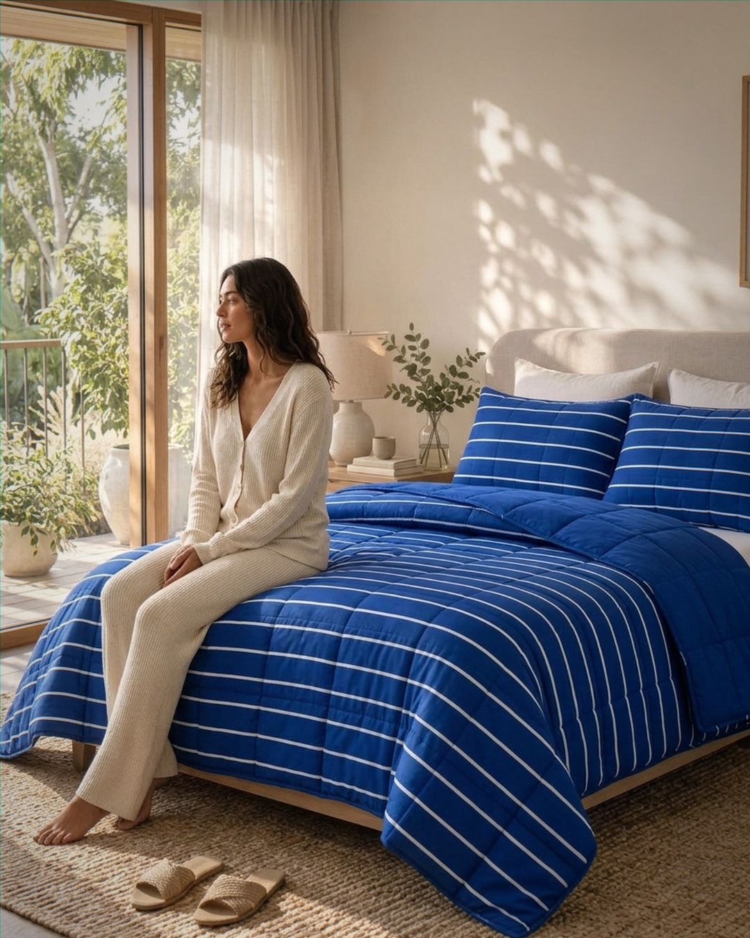 A woman in a cream lounge set sits on a bed with a blue and white striped quilt and matching pillow shams in a bright, sunlit bedroom.