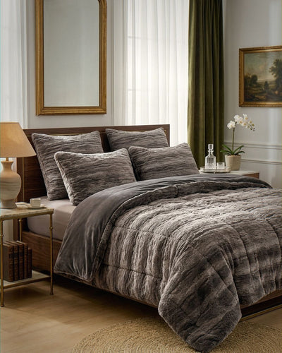 Close-up of the Morgan and Reid Deep Cocoa Rabbit Fur Comforter Set showing fabric texture and colour