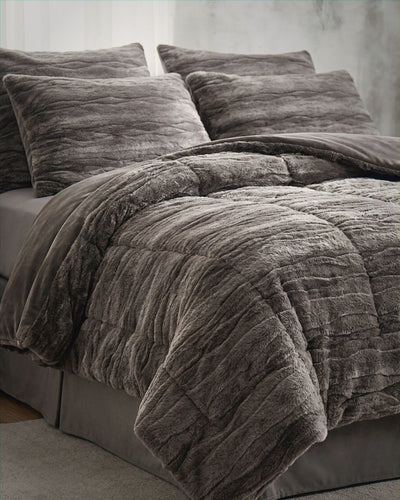 Close-up of the Morgan and Reid Deep Cocoa Snuggle Fleece Rabbit Fur European Pillowcase Pair showing fabric texture