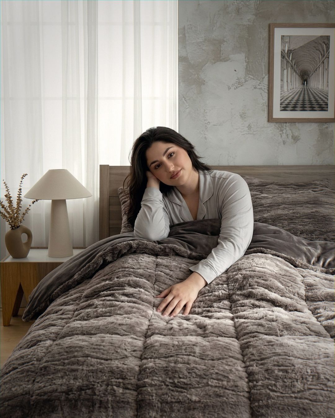 Morgan and Reid Deep Cocoa Rabbit Fur Comforter Set folded to show depth and plush texture
