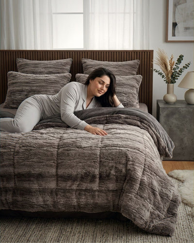Morgan and Reid Deep Cocoa Rabbit Fur Comforter Set styled bed with coordinating bedroom decor