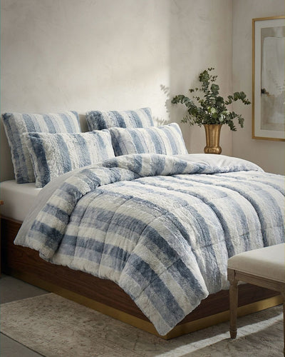 Close-up of the Morgan and Reid Silver Snow Rabbit Fur Comforter Set showing fabric texture and colour