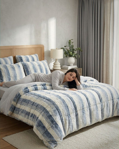 Morgan and Reid Silver Snow Rabbit Fur Comforter Set styled bed with coordinating bedroom decor