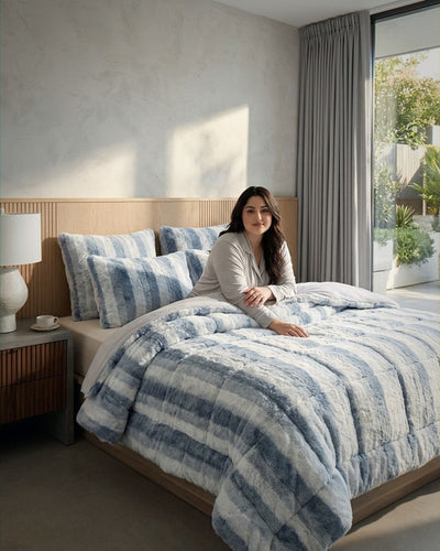 Morgan and Reid Silver Snow Rabbit Fur Comforter Set close-up highlighting the soft texture