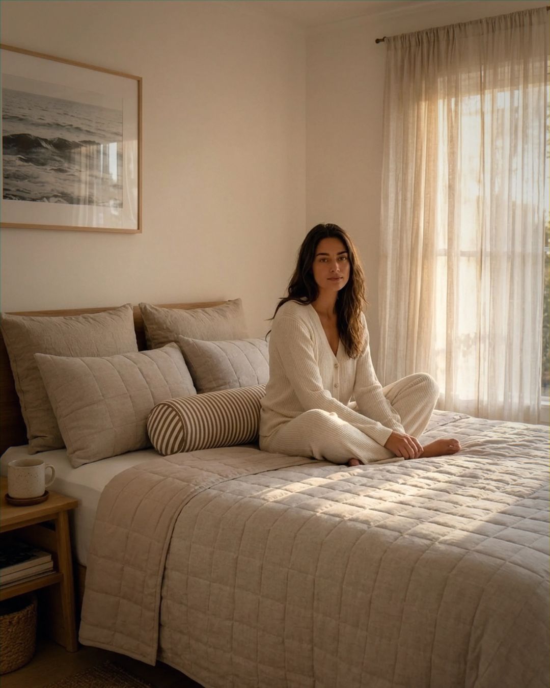Woman sitting on a bed in a cozy bedroom with natural light