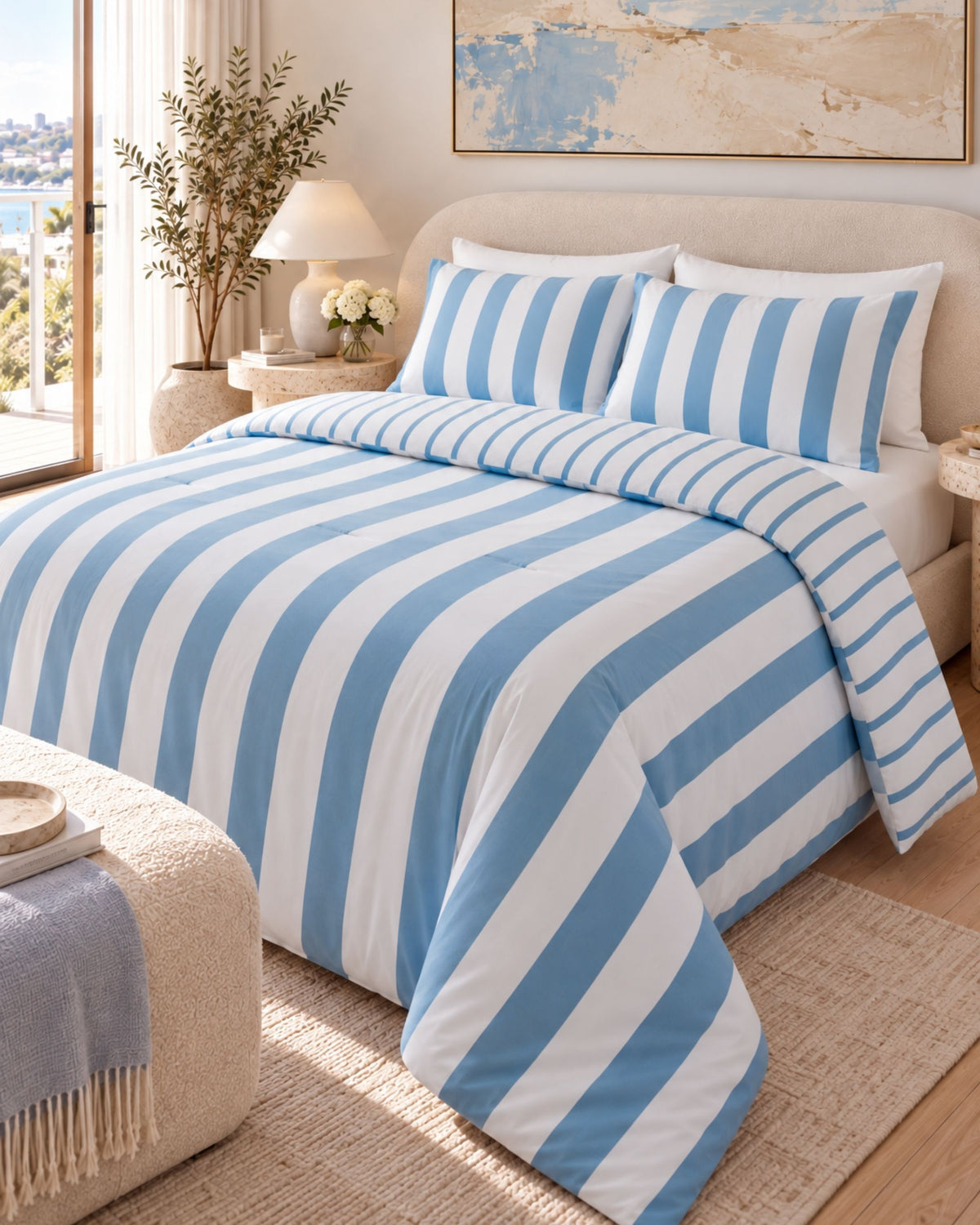 A neatly made bed in a bright bedroom setting, featuring a light blue and white striped duvet cover and matching pillow shams. The room includes a beige upholstered headboard, a bedside lamp, a window with natural light, and a neutral-toned rug.