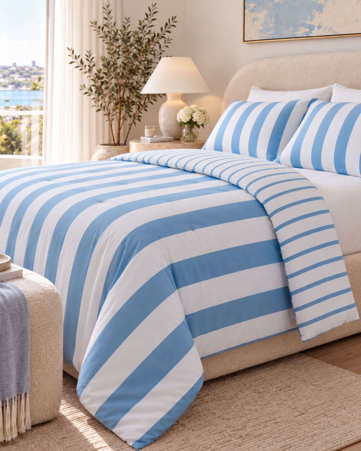 A bed dressed in a light blue and white striped comforter and matching pillow shams, styled in a bright bedroom with a lamp, plant, window view, and neutral upholstered headboard.