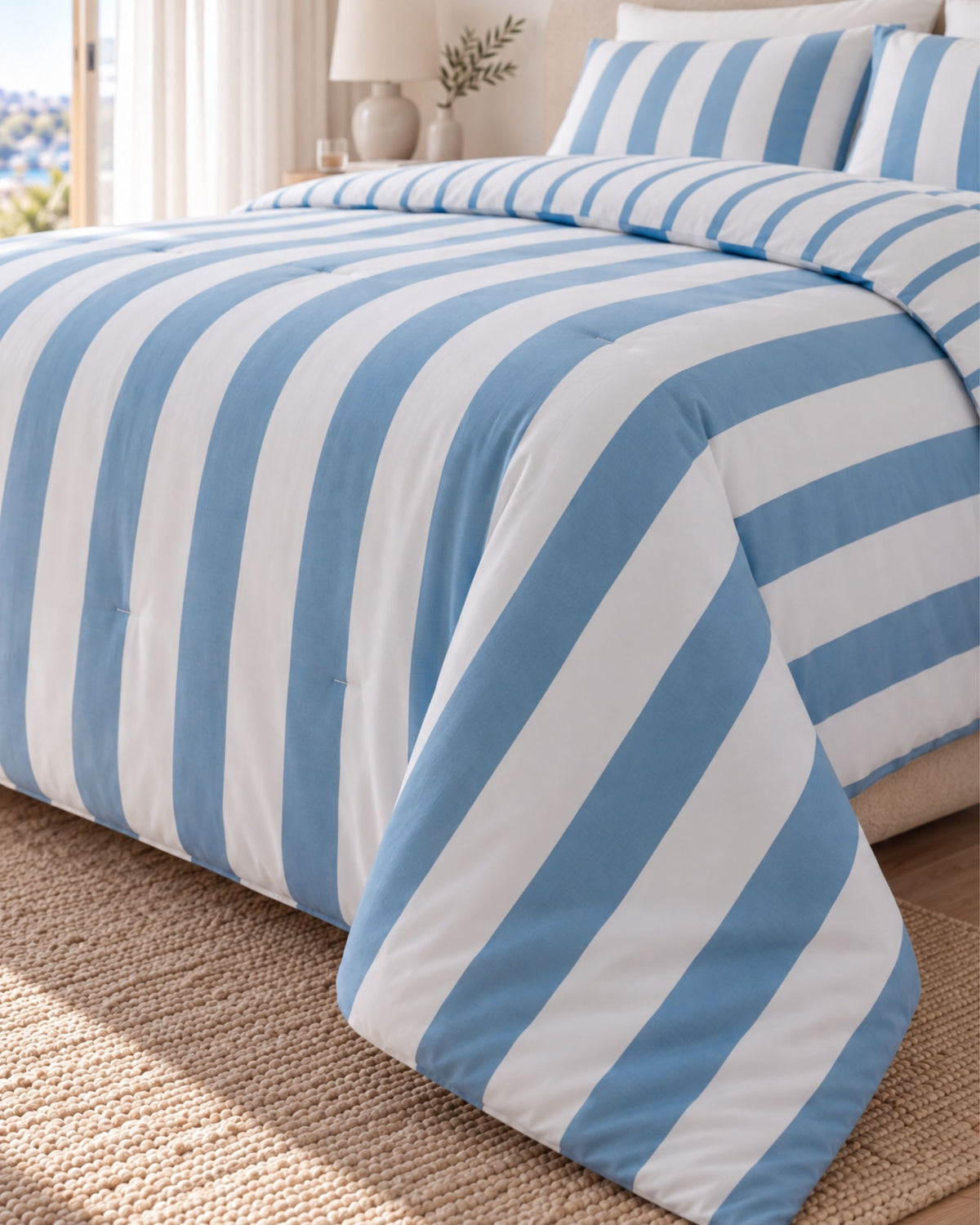 Blue and white striped bedding set on a bed, featuring a comforter and matching pillowcases in a bright bedroom setting.