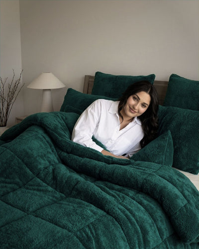 Morgan and Reid Forest Green Snuggle Fleece Comforter Set styled bed with coordinating bedroom decor