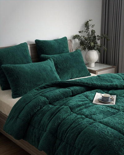 Morgan and Reid Forest Green Snuggle Fleece Comforter Set close-up highlighting the soft texture