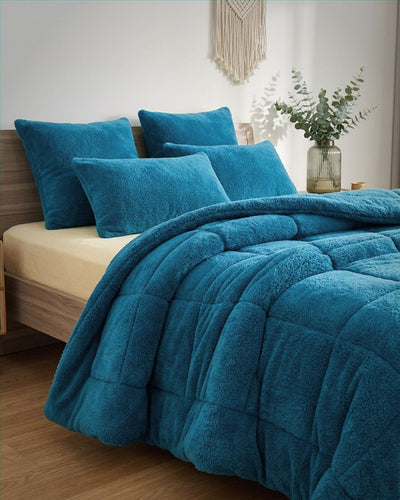 Morgan and Reid Riverside Snuggle Fleece European Pillowcase Pair on bed with coordinating bedding