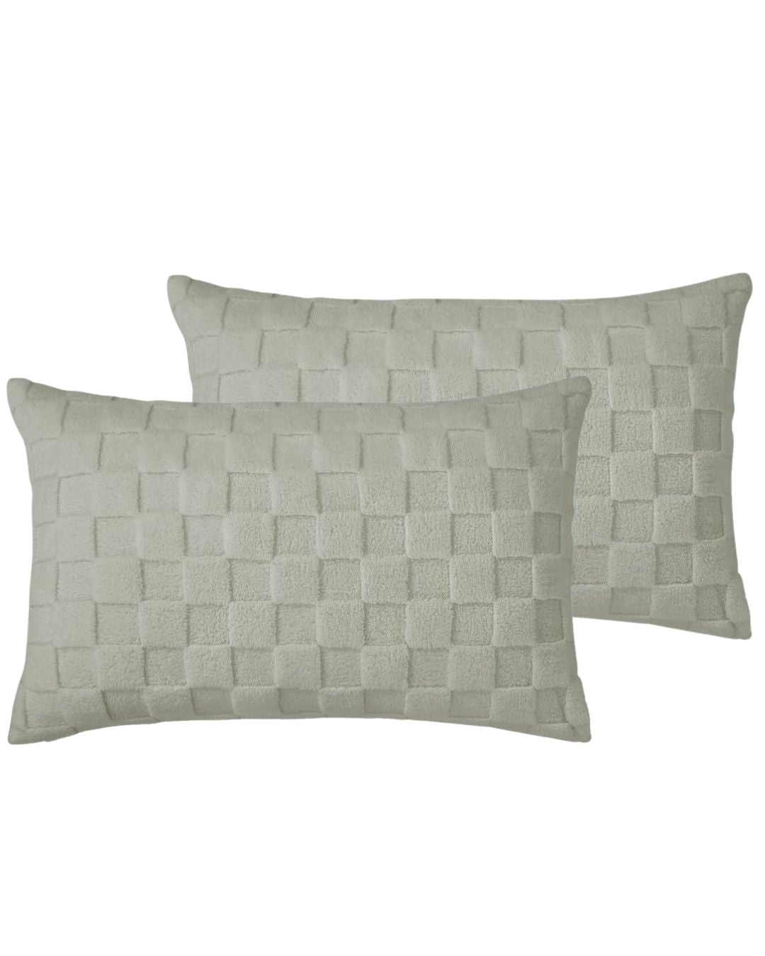 Morgan and Reid Checkered Soft Sage Snuggle Fleece Pillowcase Pair on a styled bed with matching comforter
