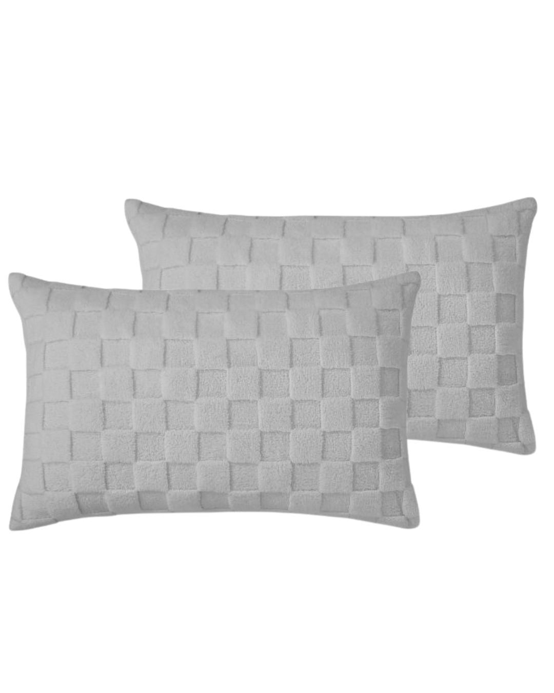 Morgan and Reid Checkered Silver Snuggle Fleece Pillowcase Pair on a styled bed with matching comforter