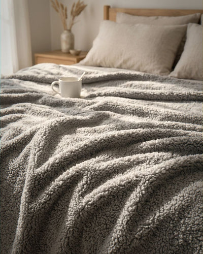 Cozy blanket draped over a bed with a cup on a nightstand.