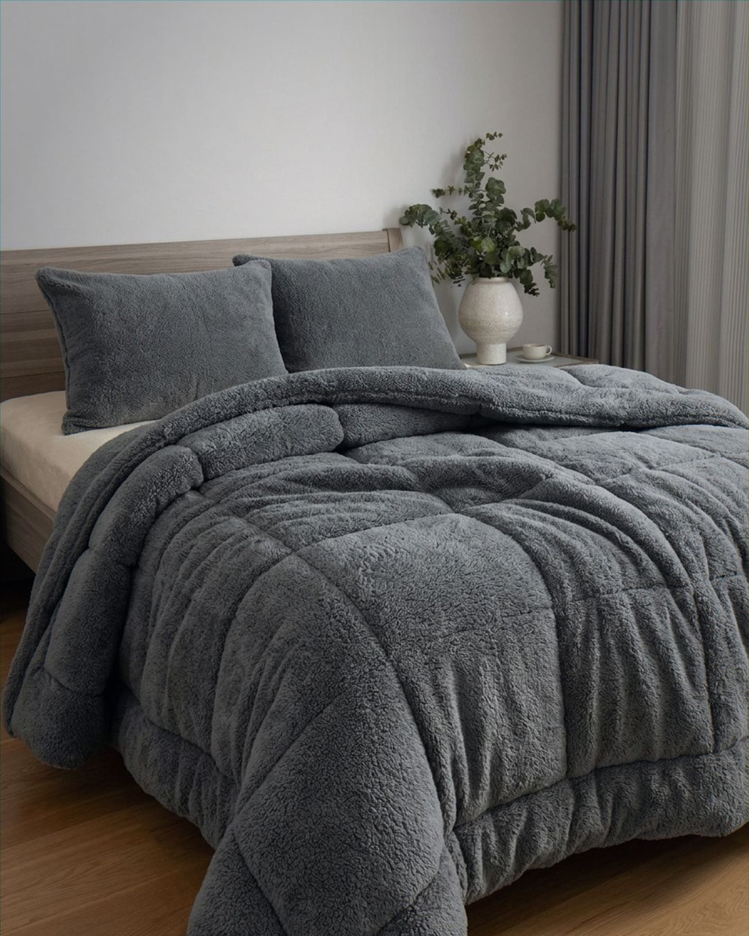 Morgan and Reid Steel Charcoal Snuggle Fleece Comforter Set in a cosy bedroom lifestyle setting