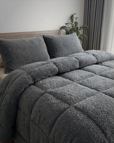 Close-up of the Morgan and Reid Charcoal Snuggle Fleece Pillowcase Pair showing fabric texture