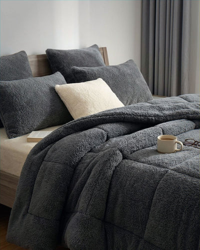 Close-up of the Morgan and Reid Steel Charcoal Snuggle Fleece European Pillowcase Pair showing fabric texture