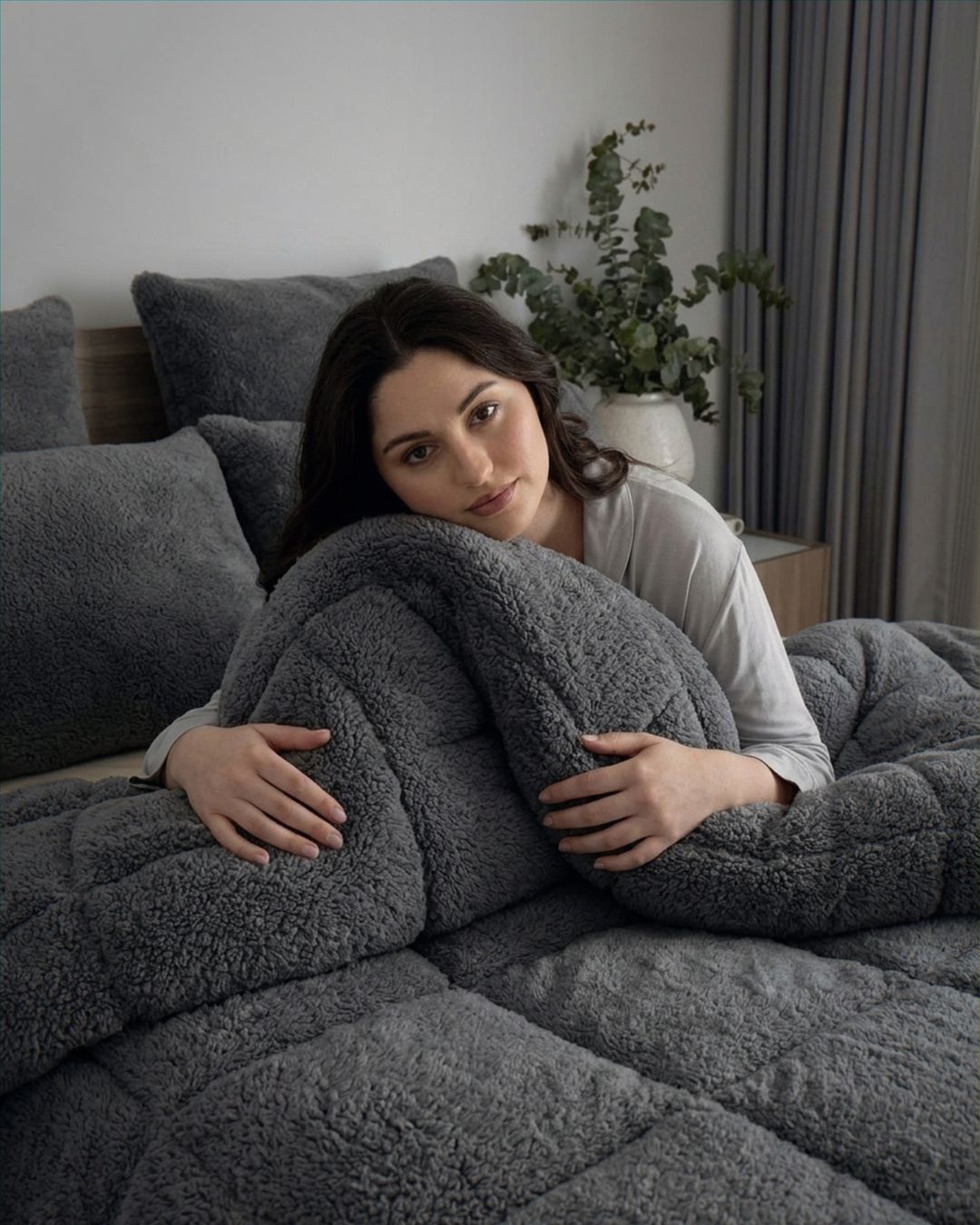 Morgan and Reid Steel Charcoal Snuggle Fleece European Pillowcase Pair on bed with coordinating bedding
