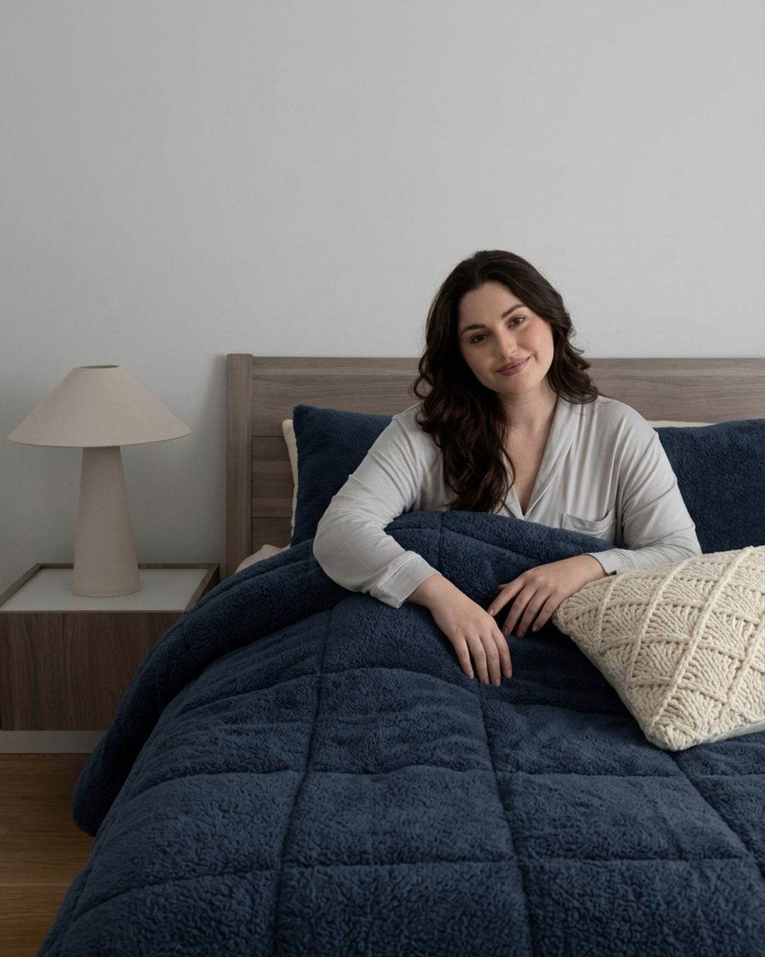 Morgan and Reid Midnight Blue Snuggle Fleece Comforter Set in a cosy bedroom lifestyle setting