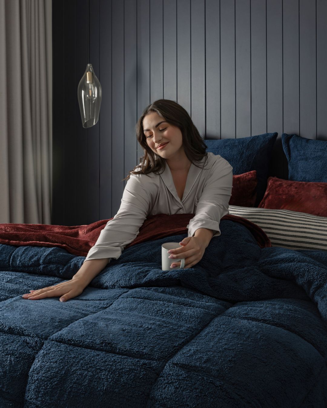Morgan and Reid Midnight Blue Snuggle Fleece Comforter Set styled bed with coordinating bedroom decor