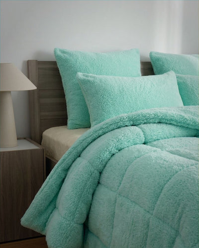 Close-up of the Morgan and Reid Mint Snuggle Fleece European Pillowcase Pair showing fabric texture