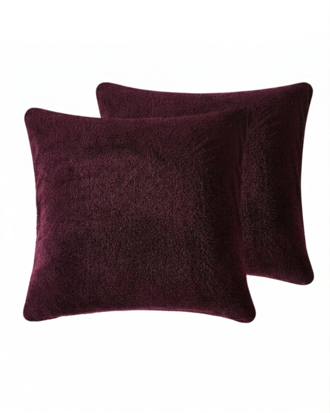 Morgan and Reid Burgundy Black Snuggle Fleece European Pillowcase Pair on a styled bed with matching comforter
