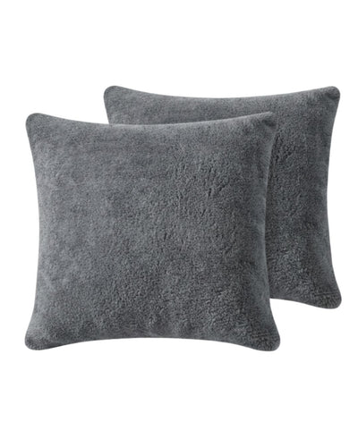 Morgan and Reid Steel Charcoal Snuggle Fleece European Pillowcase Pair on a styled bed with matching comforter