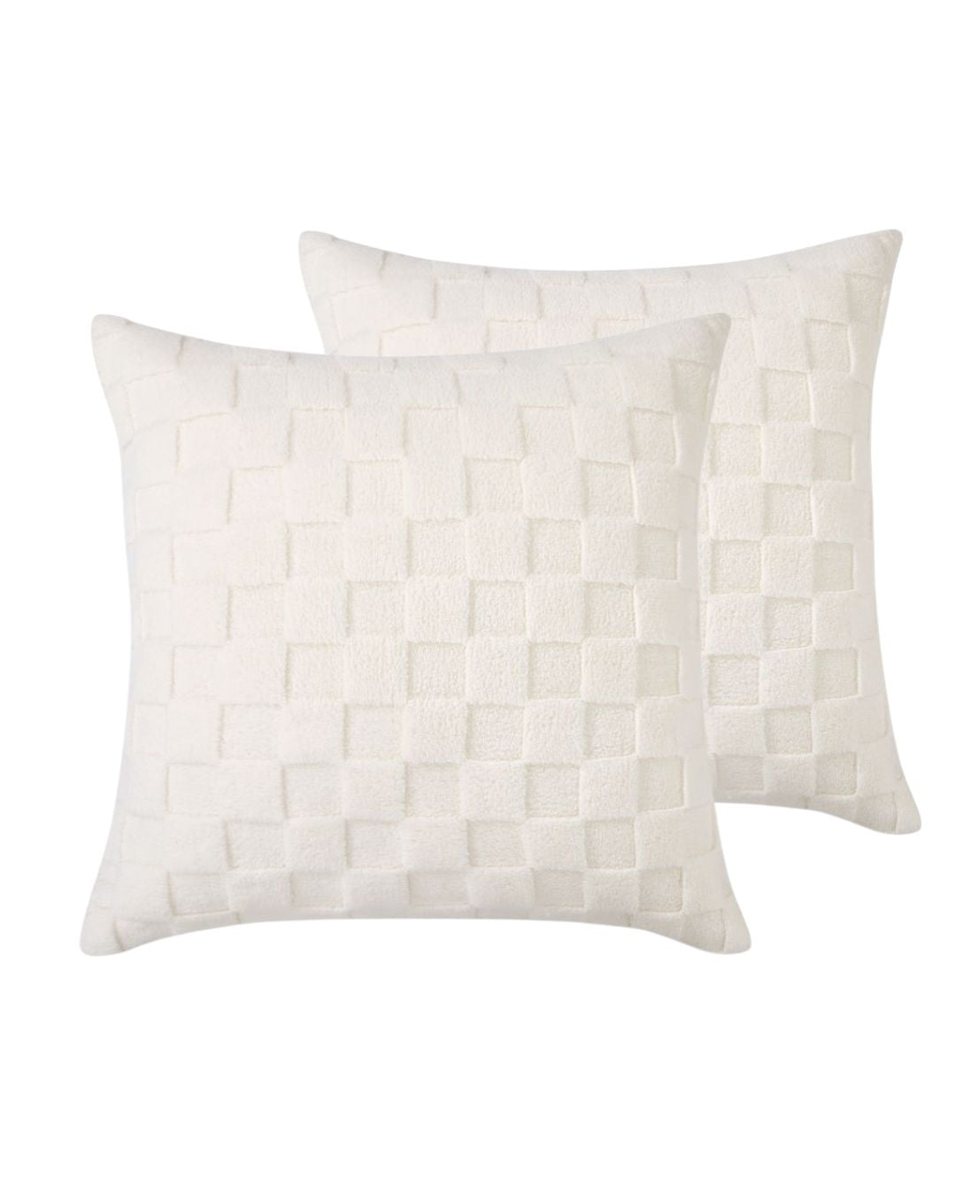 Morgan and Reid Checkered Cream Snuggle Fleece European Pillowcase Pair on a styled bed with matching comforter