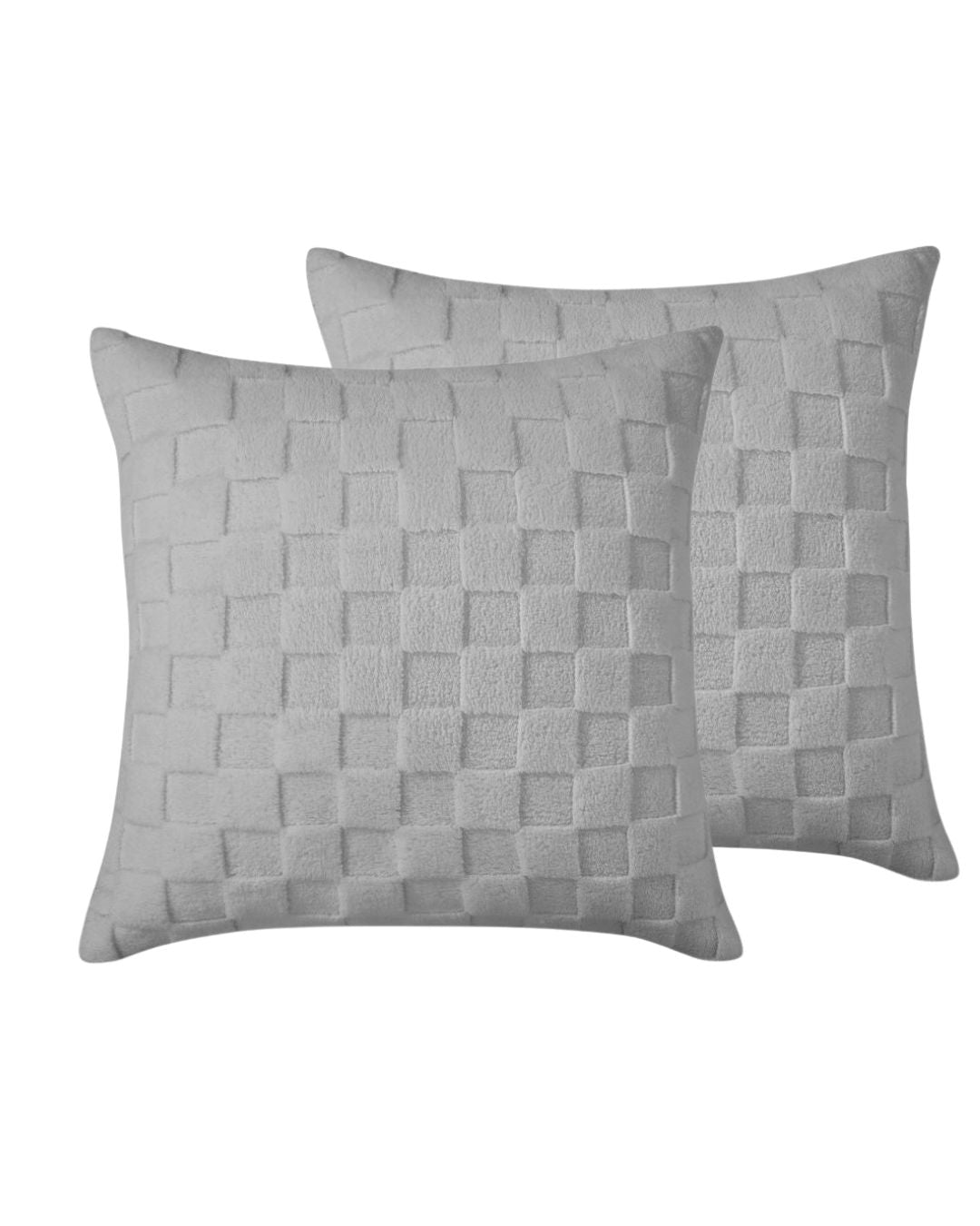 Morgan and Reid Checkered Silver Snuggle Fleece European Pillowcase Pair on a styled bed with matching comforter