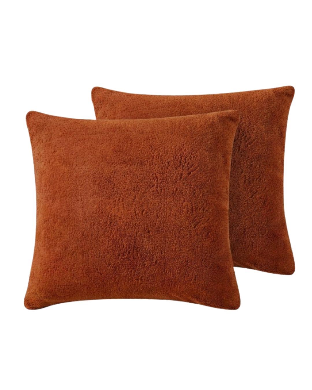 Morgan and Reid Cinnamon Snuggle Fleece European Pillowcase Pair on a styled bed with matching comforter