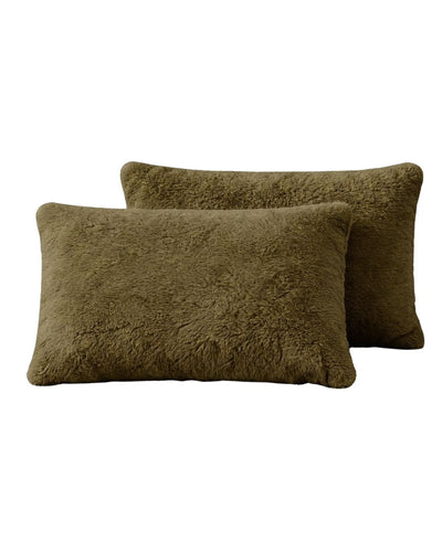 Morgan and Reid Military Olive Snuggle Fleece Pillowcase Pair on a styled bed with matching comforter