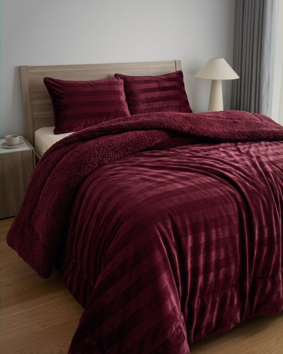 Close-up of the Morgan and Reid Cherry Red Velvet Stripe Snuggle Fleece Comforter Set showing fabric texture and colour
