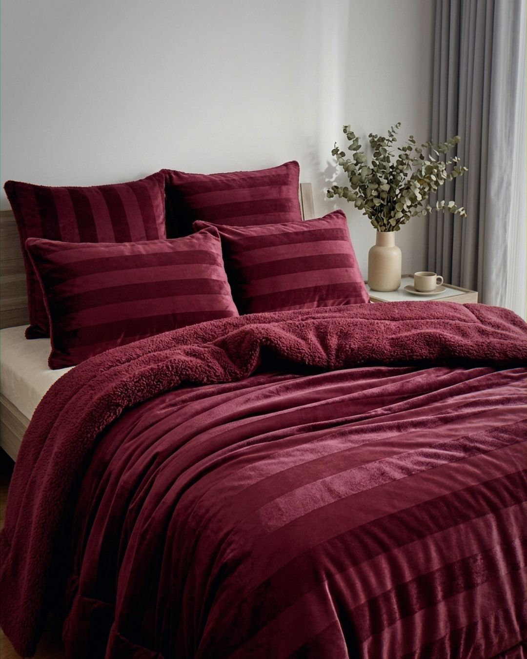 Close-up of the Morgan and Reid Cherry Red Velvet Stripe Crushed Snuggle Fleece Pillowcase Pair showing fabric texture