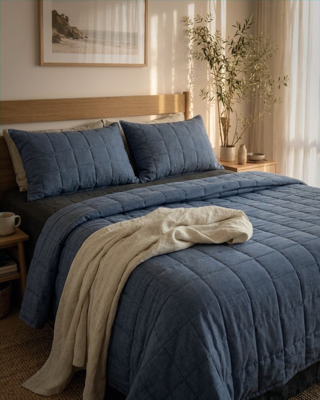 Bedroom with a bed featuring blue bedding and pillows, a beige blanket, and a framed picture on the wall.
