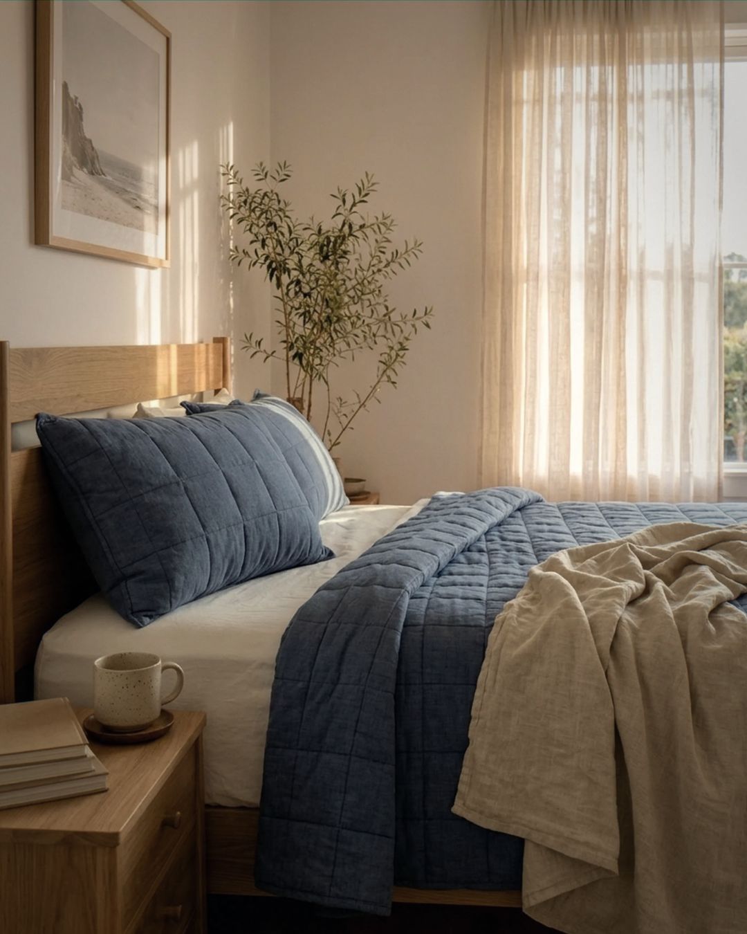 Bedroom with a bed featuring blue bedding and beige towel, wooden nightstand, and plant.