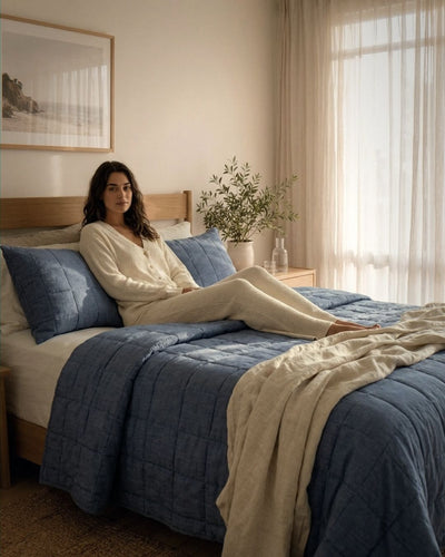 Woman sitting on a bed with blue and beige bedding in a bright bedroom.