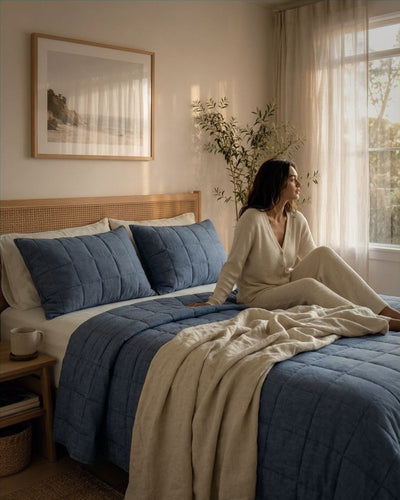 Woman sitting on a bed with blue bedding and beige blanket, looking out a window.
