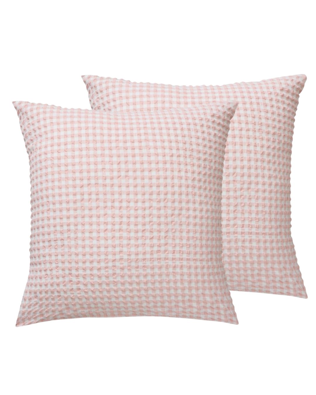Two square throw pillows with a light pink and white textured gingham pattern, shown against a plain white background.