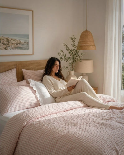 Woman reading a book on a bed with pink checkered bedding in a cozy bedroom.