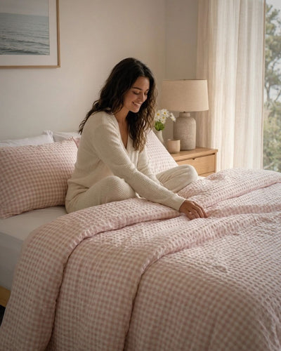 Woman sitting on a bed with pink checkered bedding in a bright bedroom.